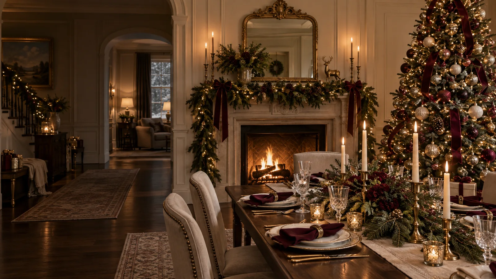 AI-generated Christmas design concept: an ivory home with a burgundy-ribbon tree, evergreen mantel and holiday table.